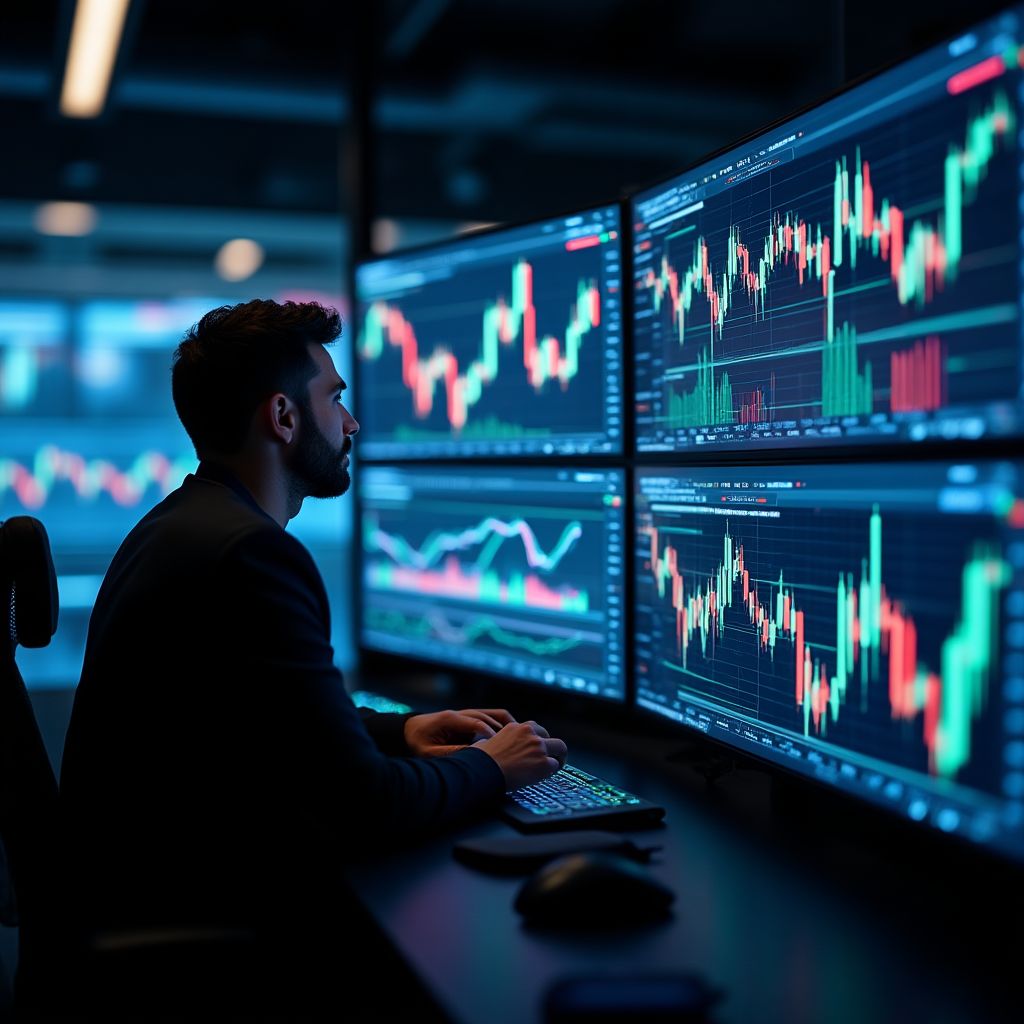 Trader analizando múltiples monitores con gráficos financieros